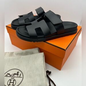 Hermes Womens Chypre Black Calfskin Sandals Size 37 Brand New In Box